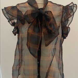 Current Air Sheer Ruffle S/S P Bow Blouse. Great colors with Copper tone buttons